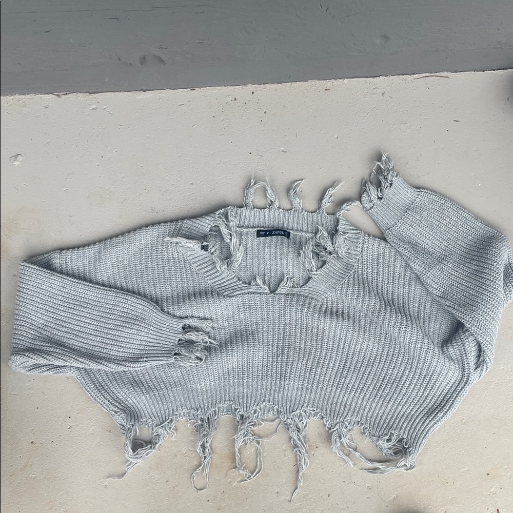 Zaful Gray Distressed V-Neck Sweater